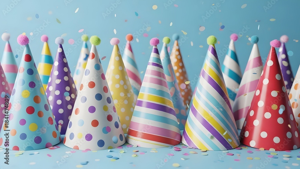 Obraz premium Colorful party hats scattered with confetti on blue background