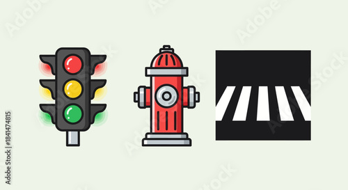 Traffic Safety Icons - Traffic Light, Fire Hydrant, and Crosswalk.