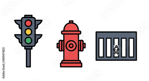 Traffic Light, Fire Hydrant, and Pedestrian Crossing Illustration.