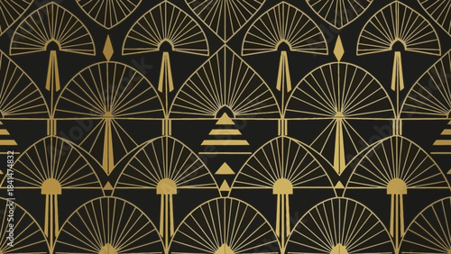 Seamless art deco pattern featuring gold fan shapes and geometric lines on a black background