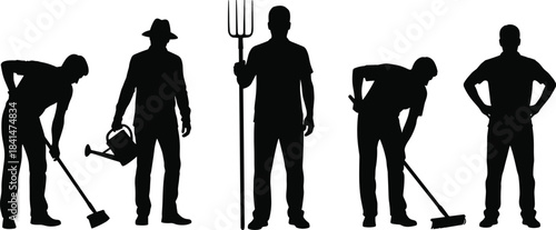 Silhouetted Farmers Performing Diverse Agricultural Tasks with Tools Depicting Manual Labor and Rural Work in Farming Scene Illustration