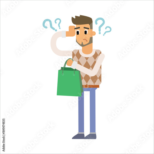 Confused shopper holding a green shopping bag and scratching his head. Concept of choosing a product