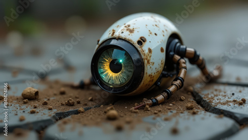 Close-up of a rusty white robot eye lying on dirt with moss and cables in a post-apocalyptic setting
