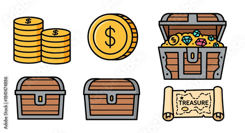 Treasure Chests, Coins, and Map - A Cartoon Illustration of Wealth and Adventure.