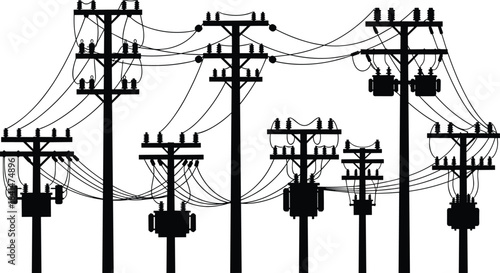Silhouetted Utility Poles with Transformers and Interconnected Power Lines Depicting Complex Electrical Distribution Network in Urban Infrastructure Setting