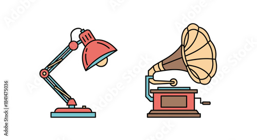 Vintage Desk Lamp and Gramophone Illustration with Retro Aesthetic.