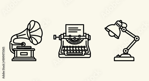 Vintage Media and Writing Tools - Gramophone, Typewriter, and Desk Lamp.