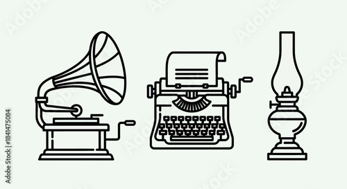 Vintage Technology - Gramophone, Typewriter, and Oil Lamp Line Art.
