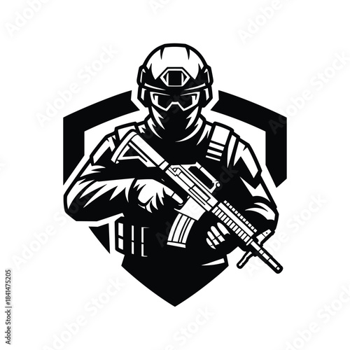 Soldier in tactical gear holding a rifle with a shield emblem