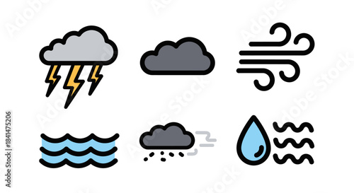 Weather Icons Set - Storm, Cloud, Wind, Water, Rain, Humidity.