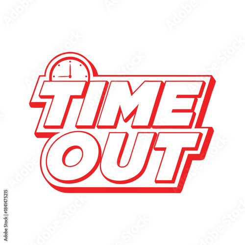 Red time out text with clock icon on white background vector