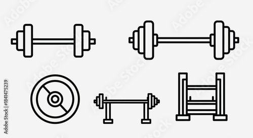 Weightlifting Equipment Icons - Dumbbells, Barbell, Weight Plate, and Rack.