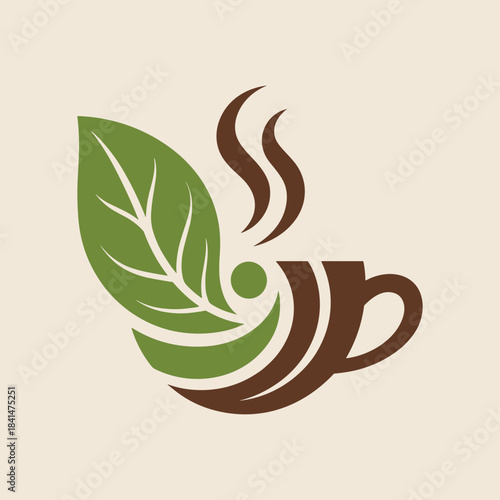 A stylized green leaf and brown coffee cup logo with steam