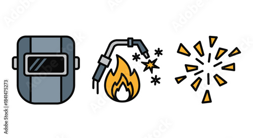Welding Safety Gear and Process Illustration - Mask, Torch, and Sparks.