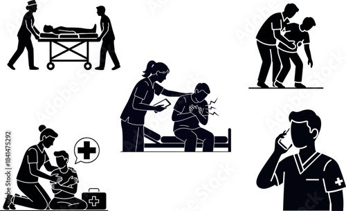 Medical Emergency and Healthcare Silhouettes Set: First Aid, Patient Care, CPR, and Trauma Response Icons. EPS/Vector.