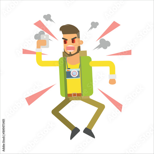 Furious backpacker shouting and stomping in rage. Concept of bad trip or stress