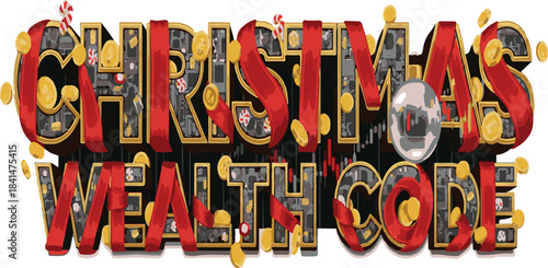 Christmas Wealth Code Holiday Text With Gold Coins And Snowflakes