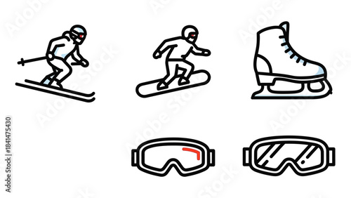 Winter Sports Equipment and Activities Line Art Icons.