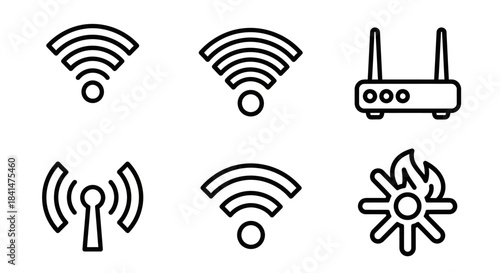 Wireless Connectivity and Network Icons - A Collection of Router and Signal Symbols.
