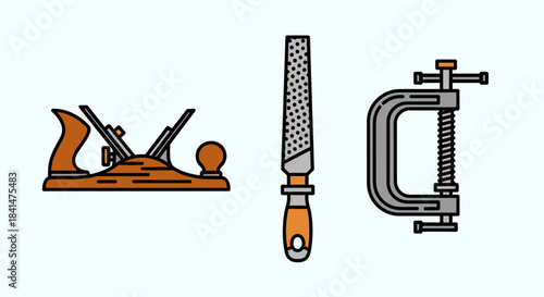 Woodworking Tools - Plane, Rasp, and Clamp Illustration.