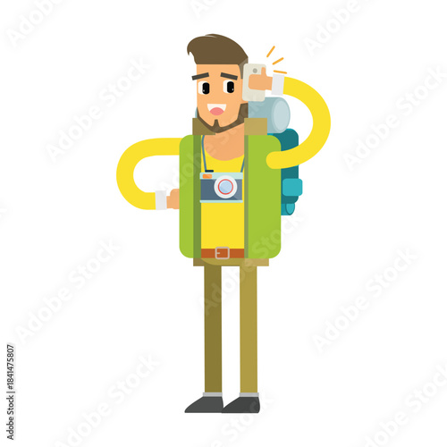 Backpacker talking on a mobile phone, looking busy or lost