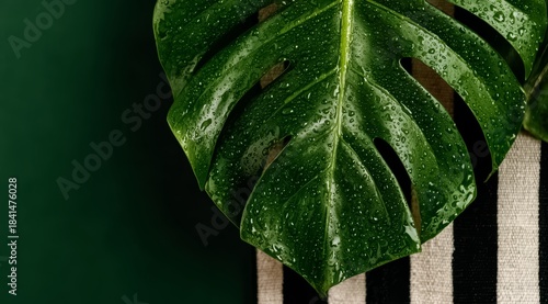 Leafy green plant with droplets of water on it. The leaf is large and has a unique shape