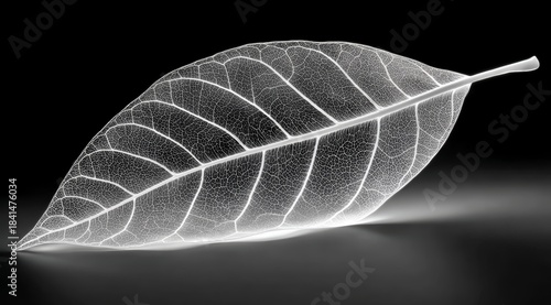 Leaf is shown in a black and white photo with a white background. The leaf is very thin and has a lot of detail