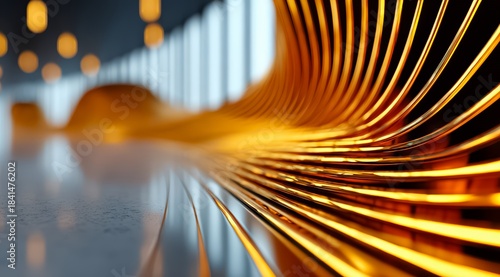 Fototapeta Naklejka Na Ścianę i Meble -  Long, curvy line of gold is shown in a room with a lot of light. The line is almost like a wave