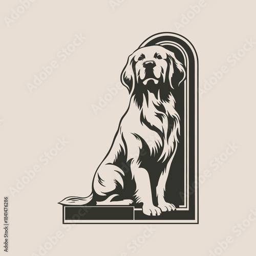 Black and white illustration of a dog sitting in an archway