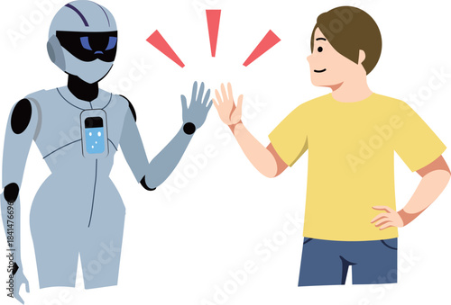 AI Robot and Human High Five / Robot de IA y Humano Chocando Manos / Robô de IA e Humano Dando High Five