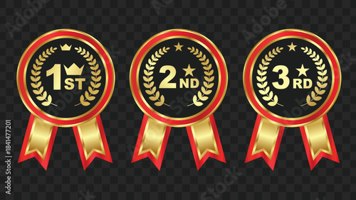 Three gold and red award medals for first, second, and third place, featuring laurel wreaths and stars on a transparent background.