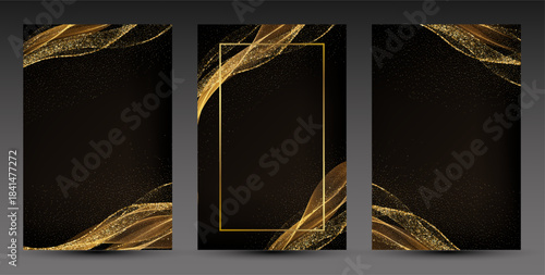 Abstract shiny color gold wave Invitation Card design. Vector illustration. Merry Christmas and Happy New Year Background. BG for invitation and greeting card