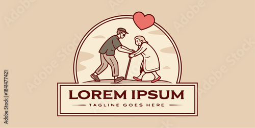 Vintage badge logo illustrating senior couple walking together
