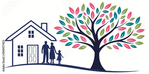  Family care logo featuring silhouette of senior and child near house and colorful tree