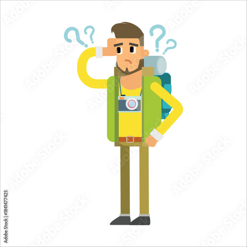 Confused hiker scratching his head with question marks. Concept of being lost