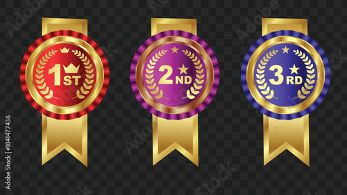 Three gold and colorful award medals for first, second, and third place with ribbons.