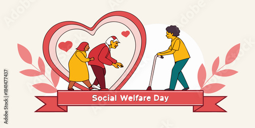 Social Welfare Day banner with young volunteer helping elderly man