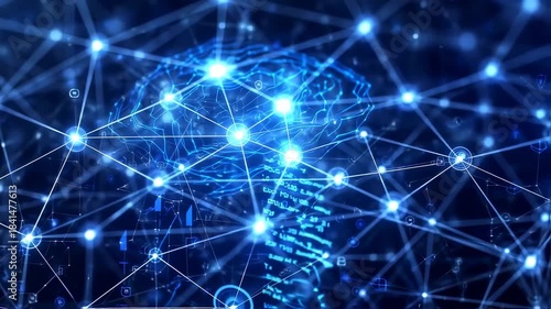 A glowing neural network brain illustration with a data stream and connected points