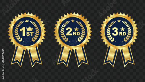 Set of three golden award ribbons for first, second, and third place with laurel wreaths and stars on a dark background.