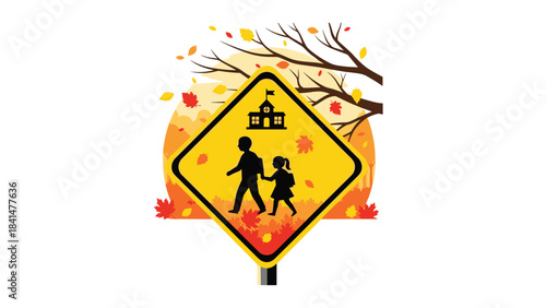 A yellow school crossing sign with a tree and autumn leaves on a