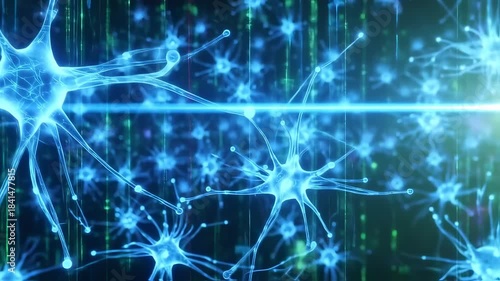 Glowing blue neurons in a network, with light streaks, against a dark background