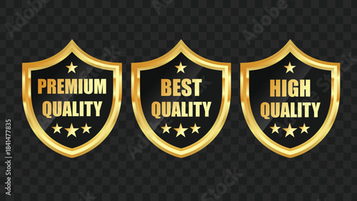 Three golden shield badges displaying 'Premium Quality', 'Best Quality', and 'High Quality' text with stars, symbolizing excellence and guarantee on a transparent background.