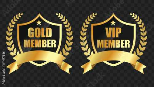 Two golden member badges, one labeled 'GOLD MEMBER' and the other 'VIP MEMBER', both featuring a shield, laurel wreath, and ribbon design, symbolizing premium status and exclusivity.