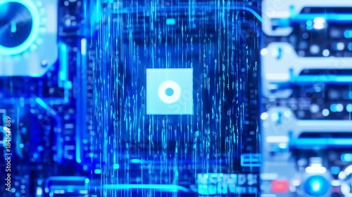 Abstract view of electronic components, illuminated with blue light, data streams and circuits