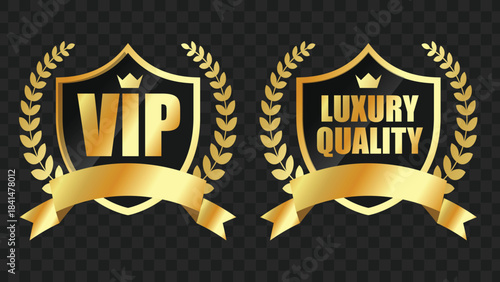 Two golden VIP and luxury quality shield badges with laurel wreaths and ribbons on a dark background.