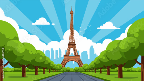 A picturesque view of the Eiffel Tower in Paris, France, framed by a tree-lined avenue and a cityscape in the background under a bright blue sky.