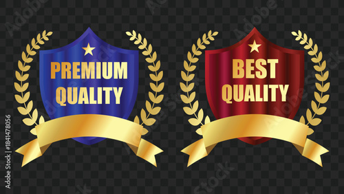 Two premium and best quality shield badges with golden laurel wreaths and banners, symbolizing excellence and high standards.