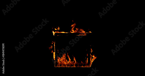Photography of a burning wooden beam in frame shape isolated on a black background. Detailed fire textures ideal for VFX, compositing, overlays, graphics, and cinematic effects.
