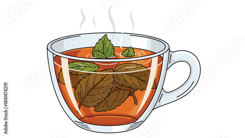 A steaming transparent glass cup of herbal tea with mint leaves and brown tea leaves inside on a
