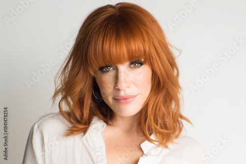 Close-up of red-haired woman with bangs and fringes in casual attire against white background, illuminated by soft natural lighting, showcasing high-resolution details of relaxed, everyday elegance.